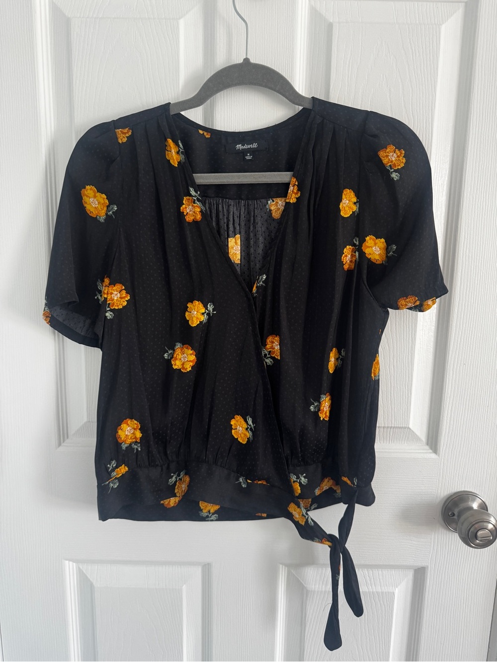 Madewell Black Floral Wrap Tie Buttercup Yellow Flower Blouse